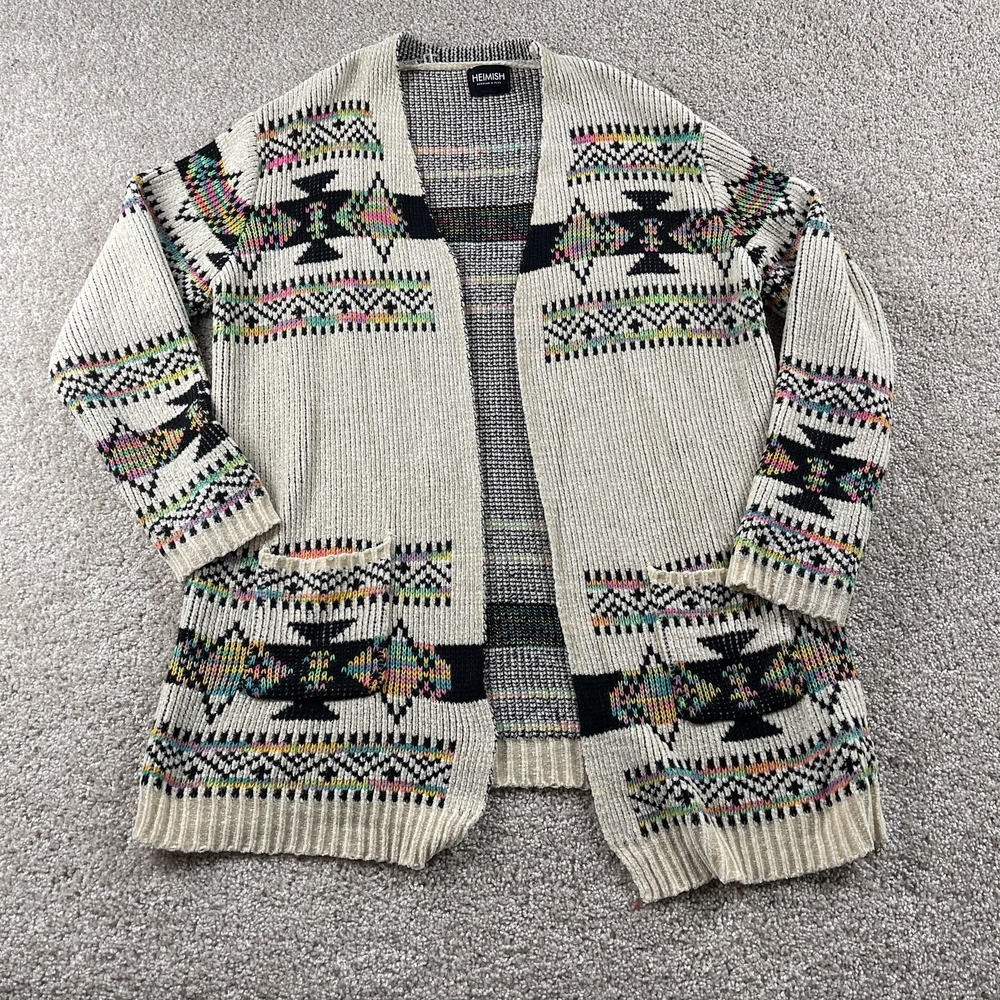 HEIMISH Cardigan Sweater Womens 1XL/2XL Multicolor Aztec Open Front Knit Boho